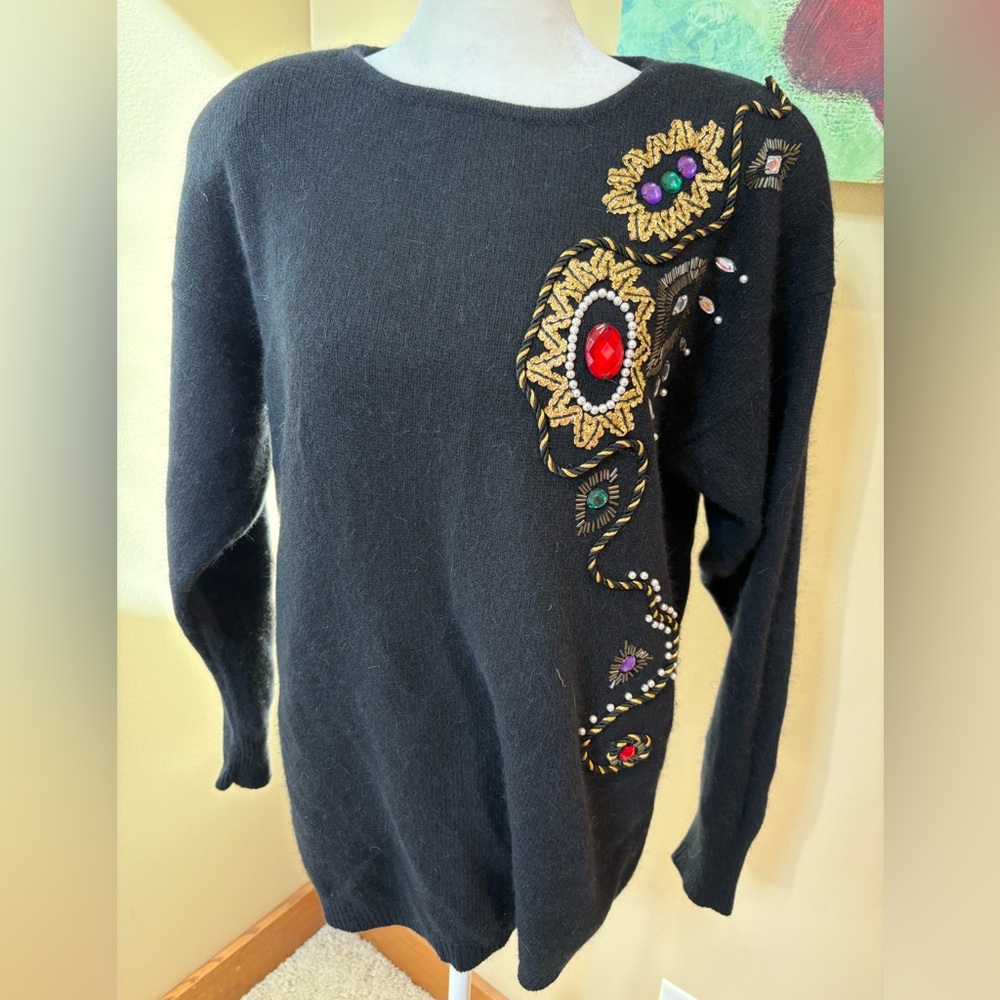 Vintage L’eau Vive Sweater Jewel 💎 Embellished Angora Blend Black Sweater Medium